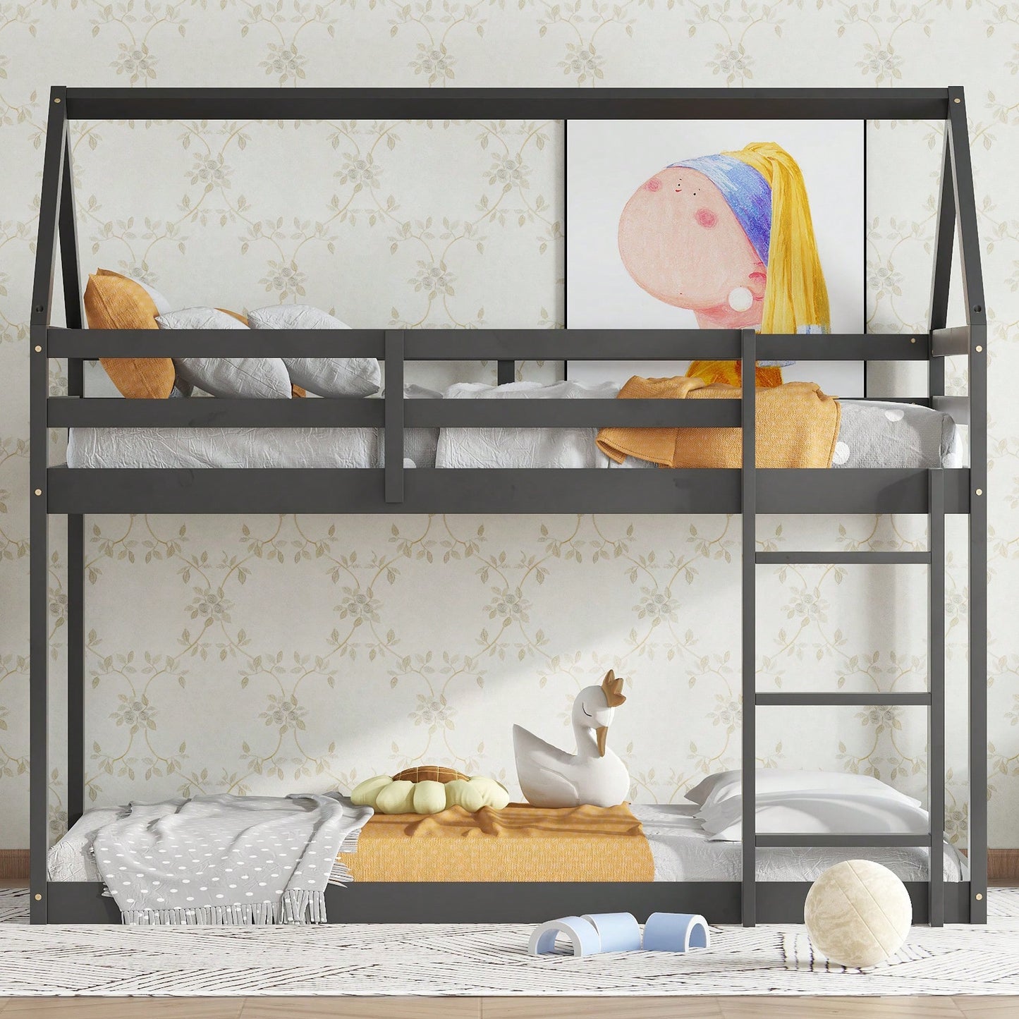 House-Shaped Twin Over Twin Bunk Bed In Black With Ladder And Guardrails For Kids