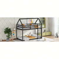 House-Shaped Twin Over Twin Bunk Bed In Black With Ladder And Guardrails For Kids