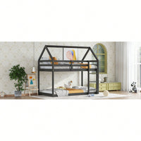 House-Shaped Twin Over Twin Bunk Bed In Black With Ladder And Guardrails For Kids