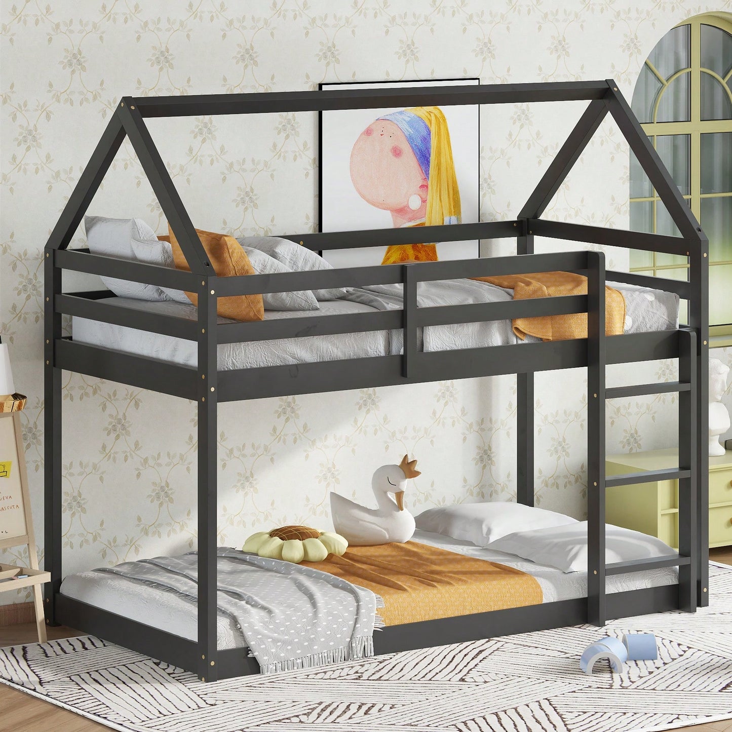 House-Shaped Twin Over Twin Bunk Bed In Black With Ladder And Guardrails For Kids