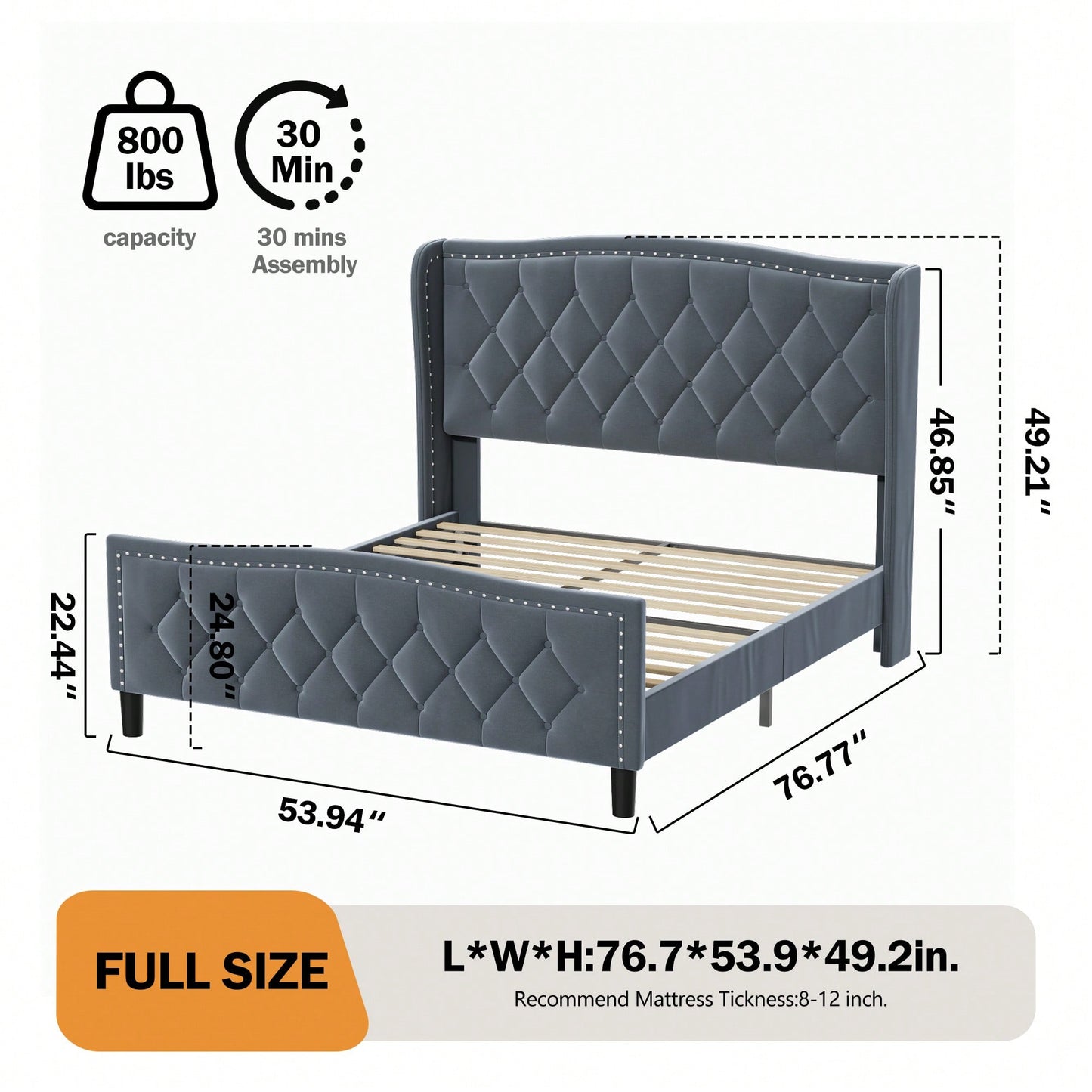 Modern Upholstered Full Size Bed Frame With Wingback Headboard And Velvet Finish, Wood Slat Support, Easy Assembly, No Box Spring Required