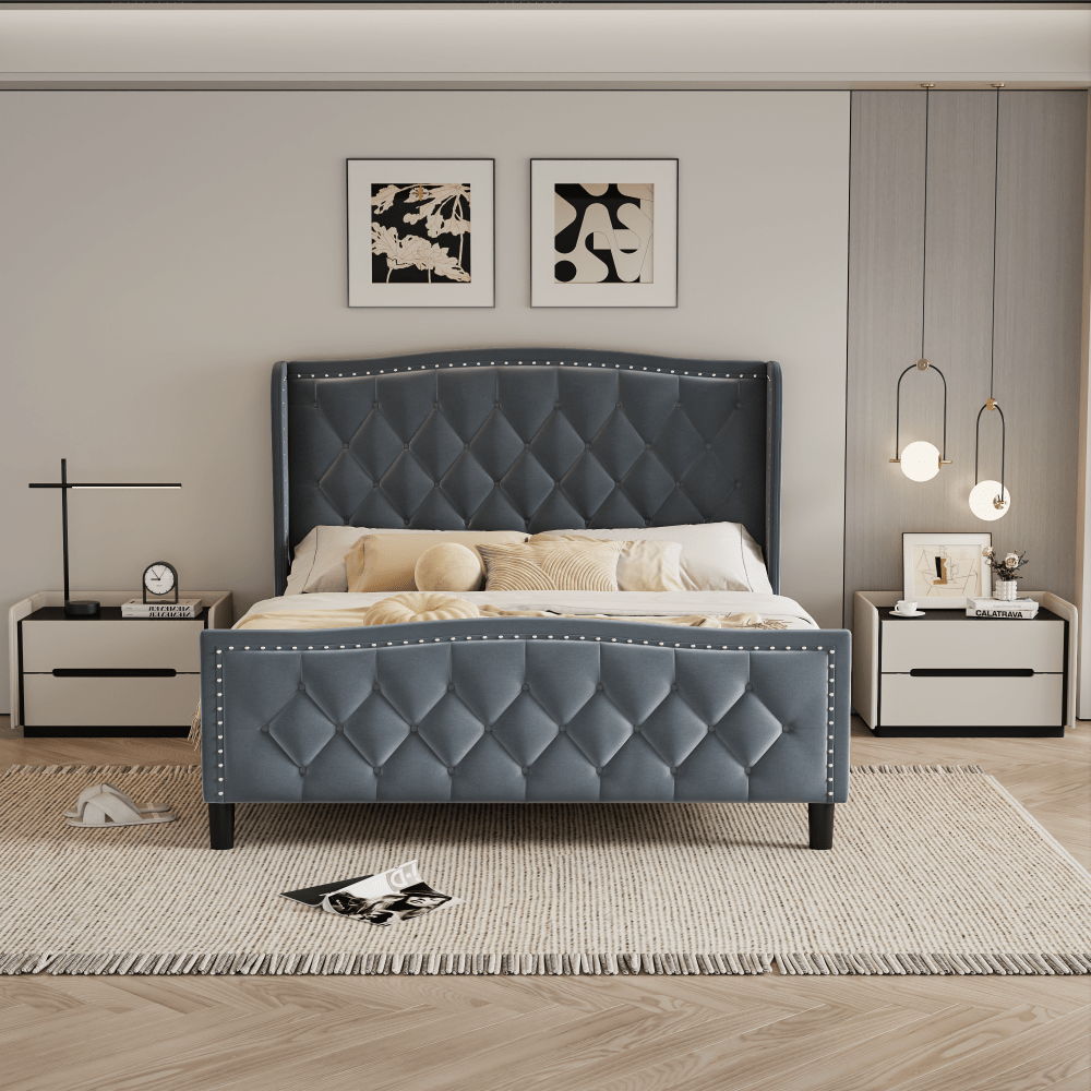 Modern Upholstered Full Size Bed Frame With Wingback Headboard And Velvet Finish, Wood Slat Support, Easy Assembly, No Box Spring Required