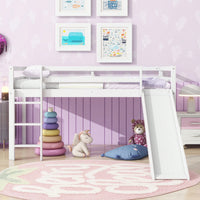 Twin Low Loft Bed With Slide And Ladder, Safety Guardrails, Rubber Wood Construction Grey