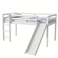 Twin Low Loft Bed With Slide And Ladder, Safety Guardrails, Rubber Wood Construction Grey