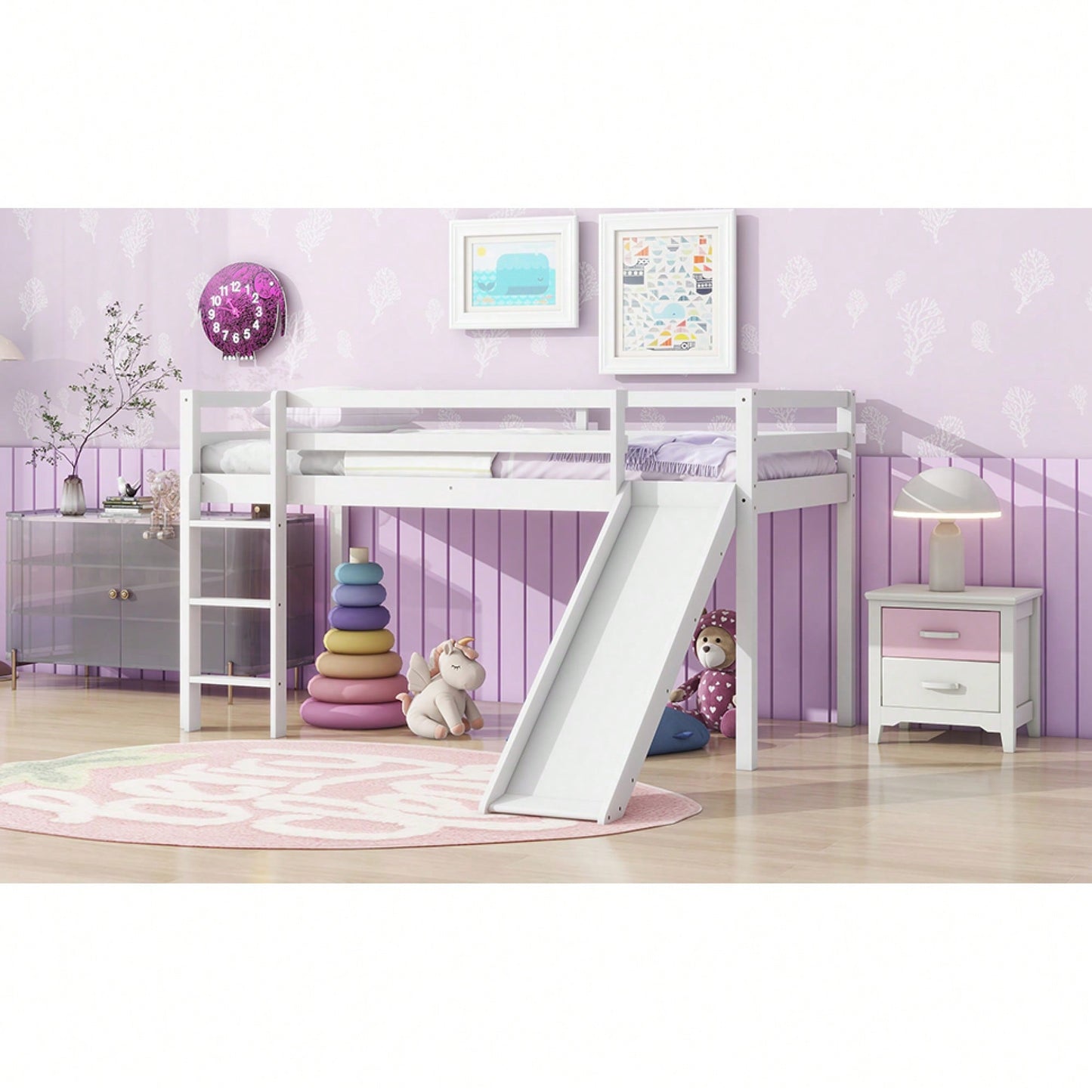 Twin Low Loft Bed With Slide And Ladder, Safety Guardrails, Rubber Wood Construction Grey