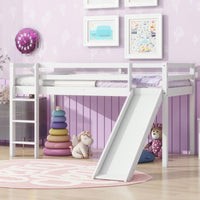 Twin Low Loft Bed With Slide And Ladder, Safety Guardrails, Rubber Wood Construction Grey