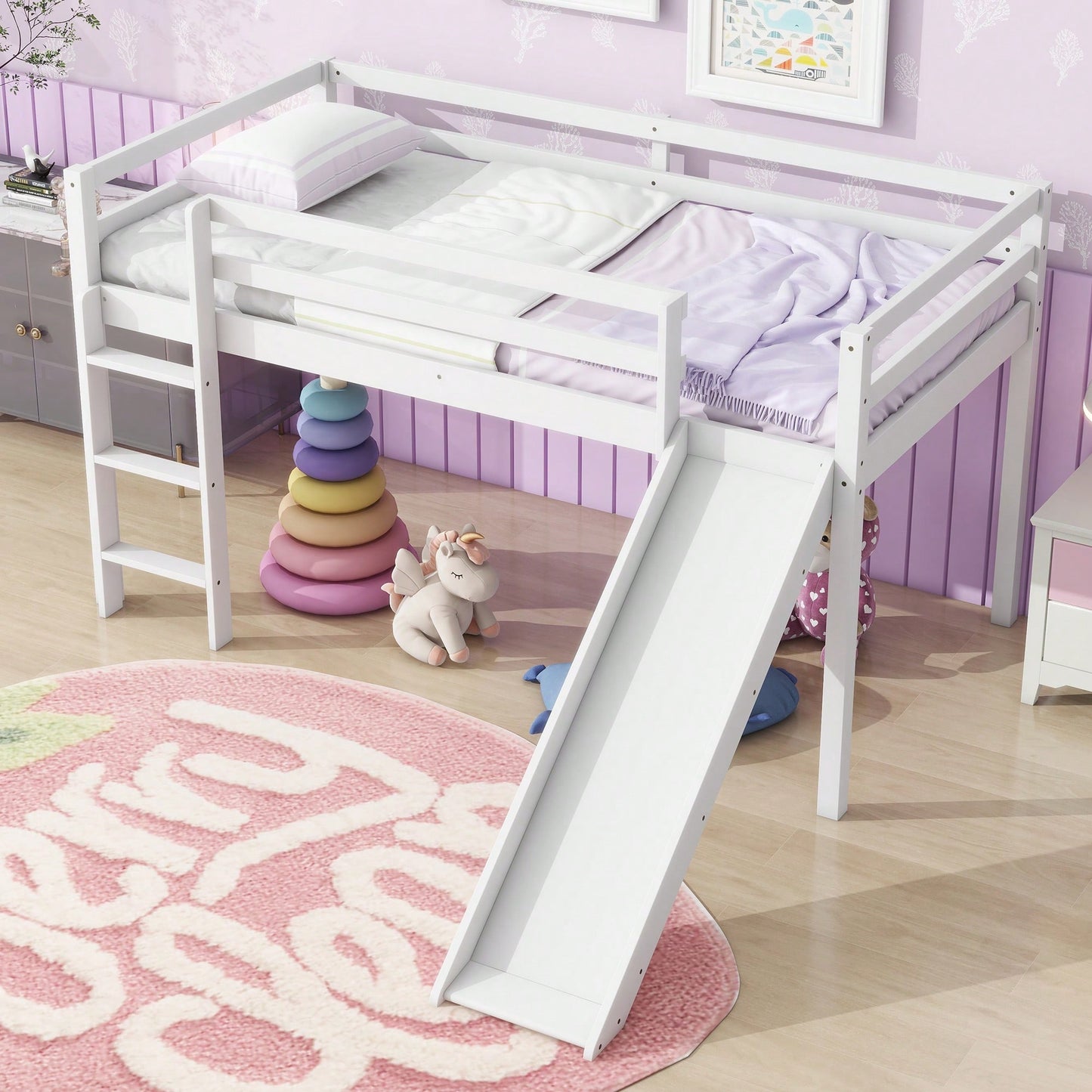 Twin Low Loft Bed With Slide And Ladder, Safety Guardrails, Rubber Wood Construction Grey