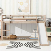 Twin Low Loft Bed With Slide And Ladder, Safety Guardrails, Rubber Wood Construction Grey