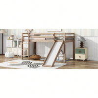 Twin Low Loft Bed With Slide And Ladder, Safety Guardrails, Rubber Wood Construction Grey