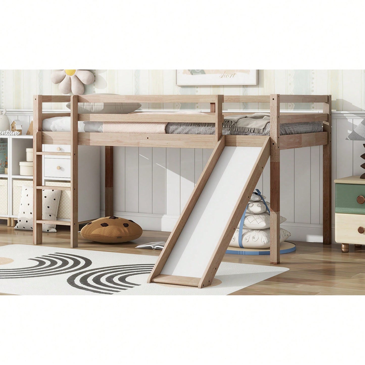 Twin Low Loft Bed With Slide And Ladder, Safety Guardrails, Rubber Wood Construction Grey