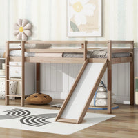 Twin Low Loft Bed With Slide And Ladder, Safety Guardrails, Rubber Wood Construction Grey