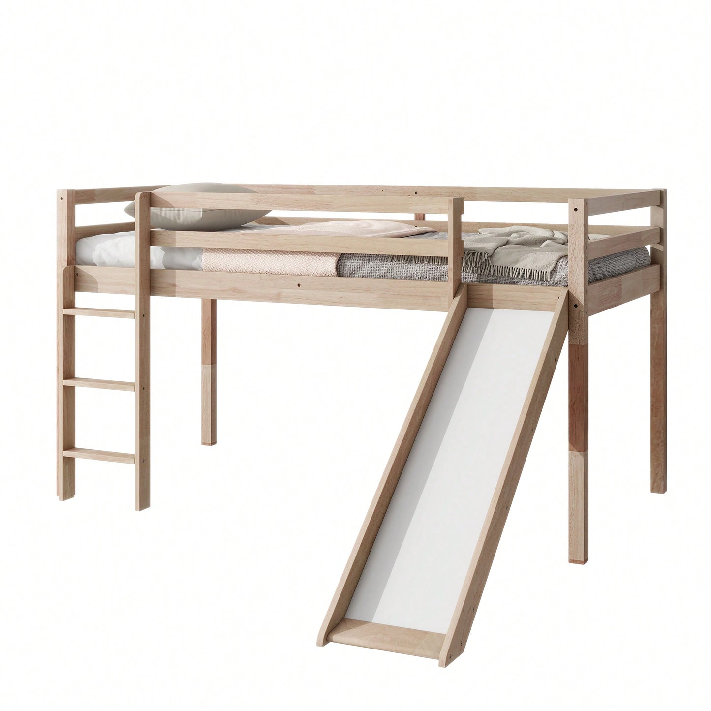 Twin Low Loft Bed With Slide And Ladder, Safety Guardrails, Rubber Wood Construction Grey