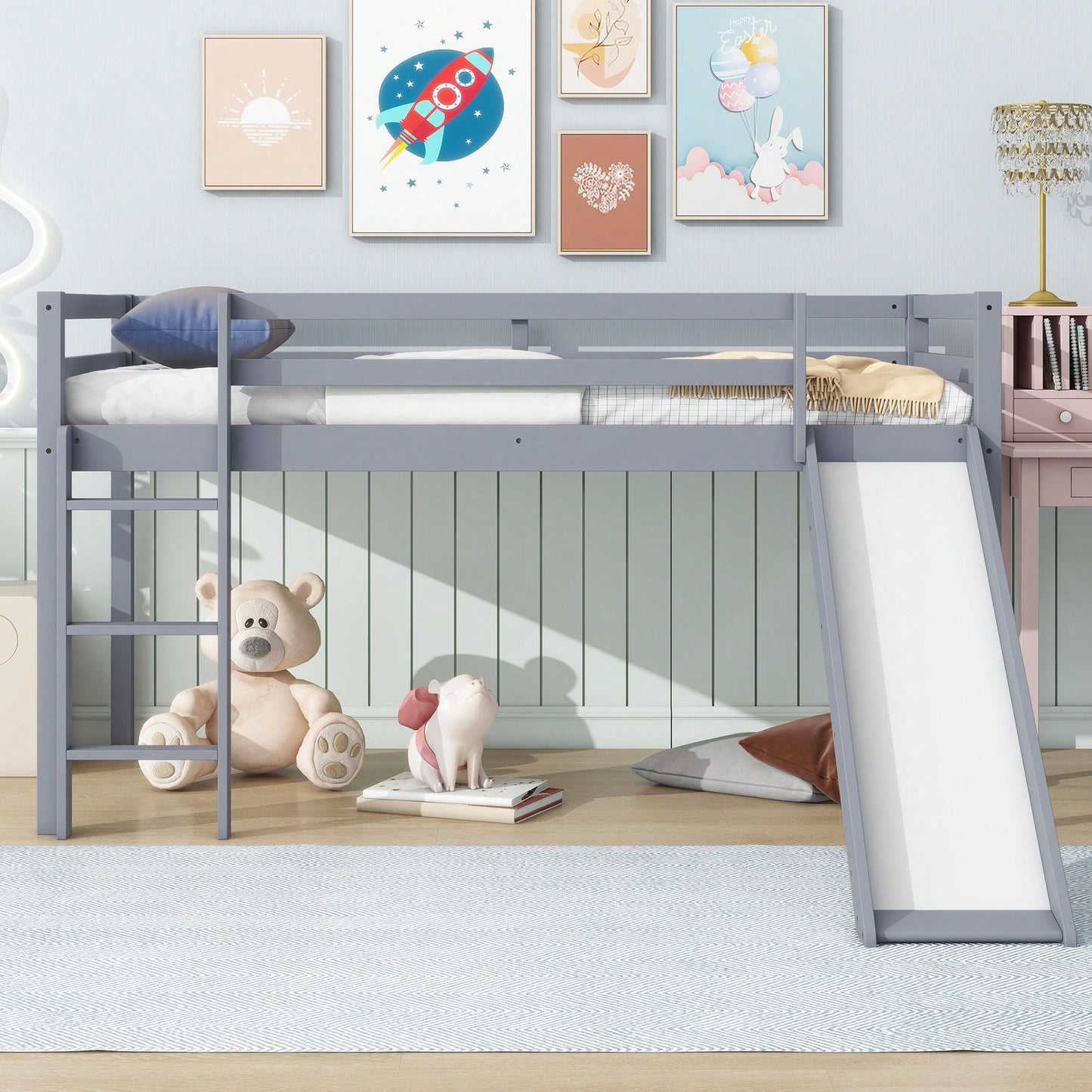 Twin Low Loft Bed With Slide And Ladder, Safety Guardrails, Rubber Wood Construction Grey