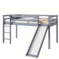 Twin Low Loft Bed With Slide And Ladder, Safety Guardrails, Rubber Wood Construction Grey