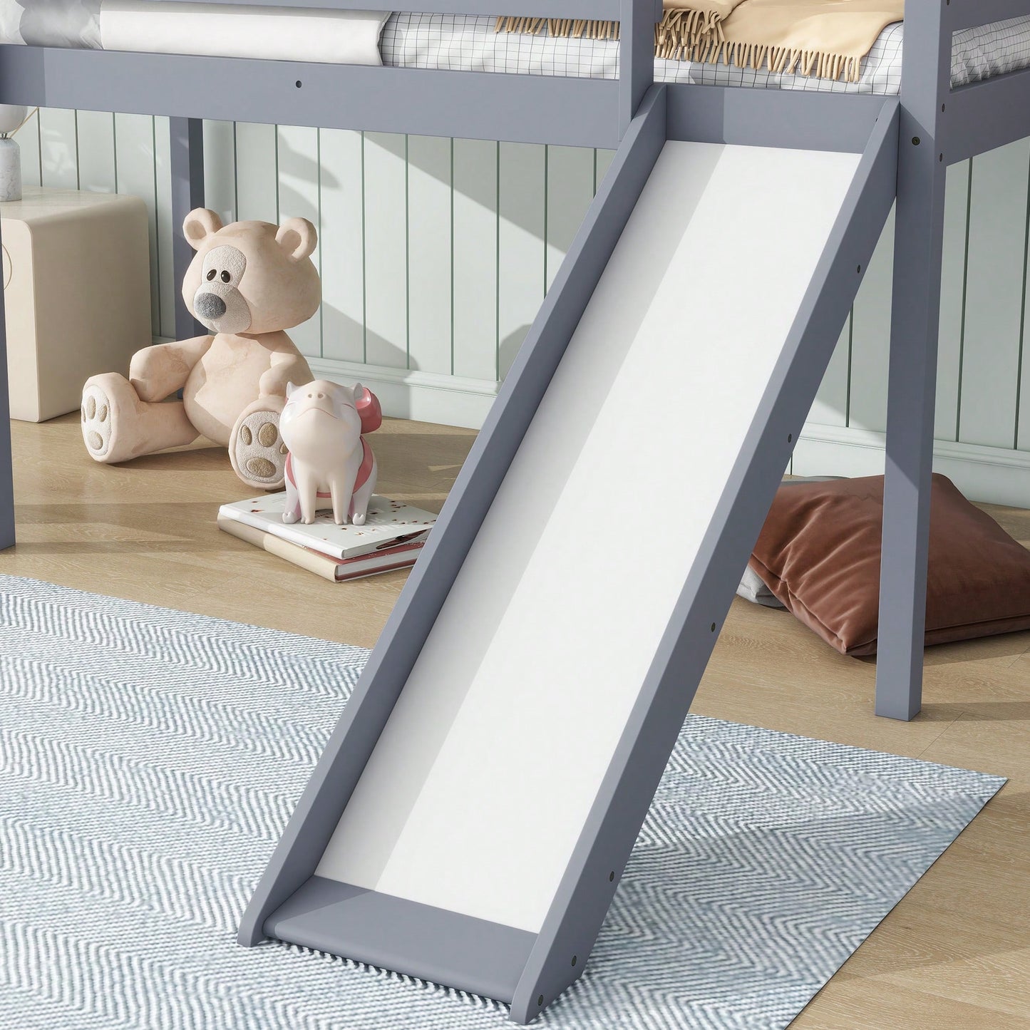 Twin Low Loft Bed With Slide And Ladder, Safety Guardrails, Rubber Wood Construction Grey