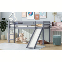 Twin Low Loft Bed With Slide And Ladder, Safety Guardrails, Rubber Wood Construction Grey