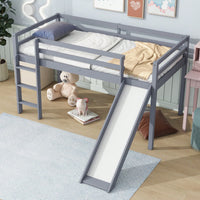 Twin Low Loft Bed With Slide And Ladder, Safety Guardrails, Rubber Wood Construction Grey