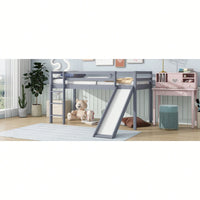 Twin Low Loft Bed With Slide And Ladder, Safety Guardrails, Rubber Wood Construction Grey