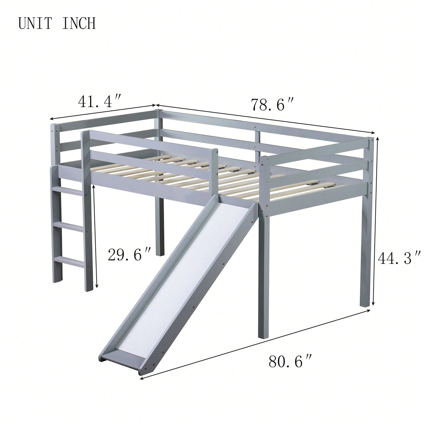 Twin Low Loft Bed With Slide And Ladder, Safety Guardrails, Rubber Wood Construction Grey