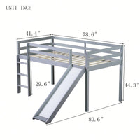 Twin Low Loft Bed With Slide And Ladder, Safety Guardrails, Rubber Wood Construction Grey