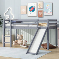 Twin Low Loft Bed With Slide And Ladder, Safety Guardrails, Rubber Wood Construction Grey