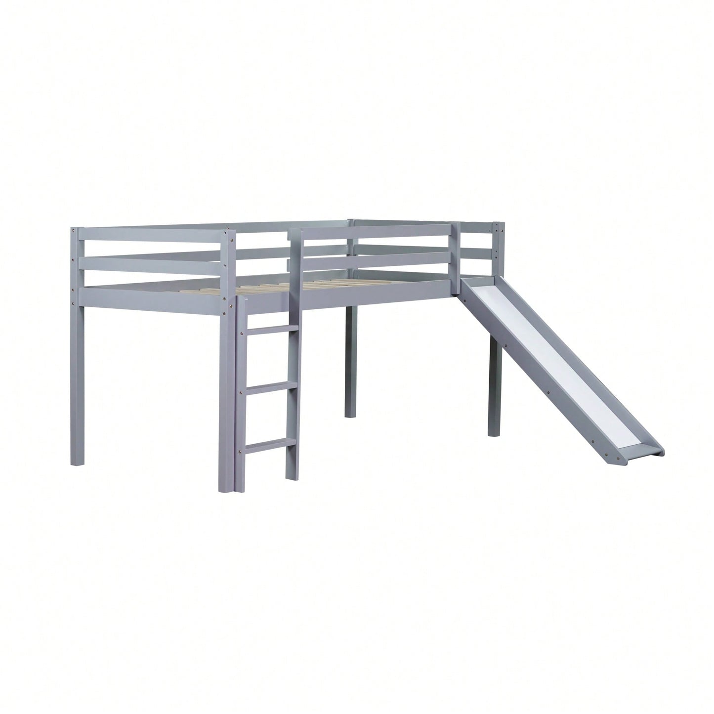 Twin Low Loft Bed With Slide And Ladder, Safety Guardrails, Rubber Wood Construction Grey