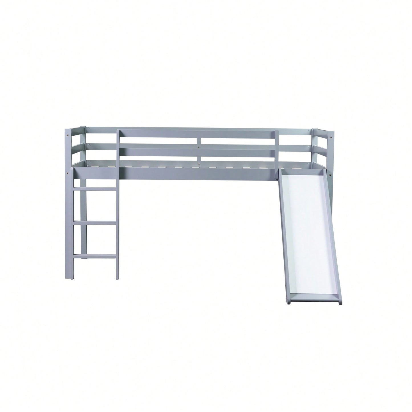 Twin Low Loft Bed With Slide And Ladder, Safety Guardrails, Rubber Wood Construction Grey