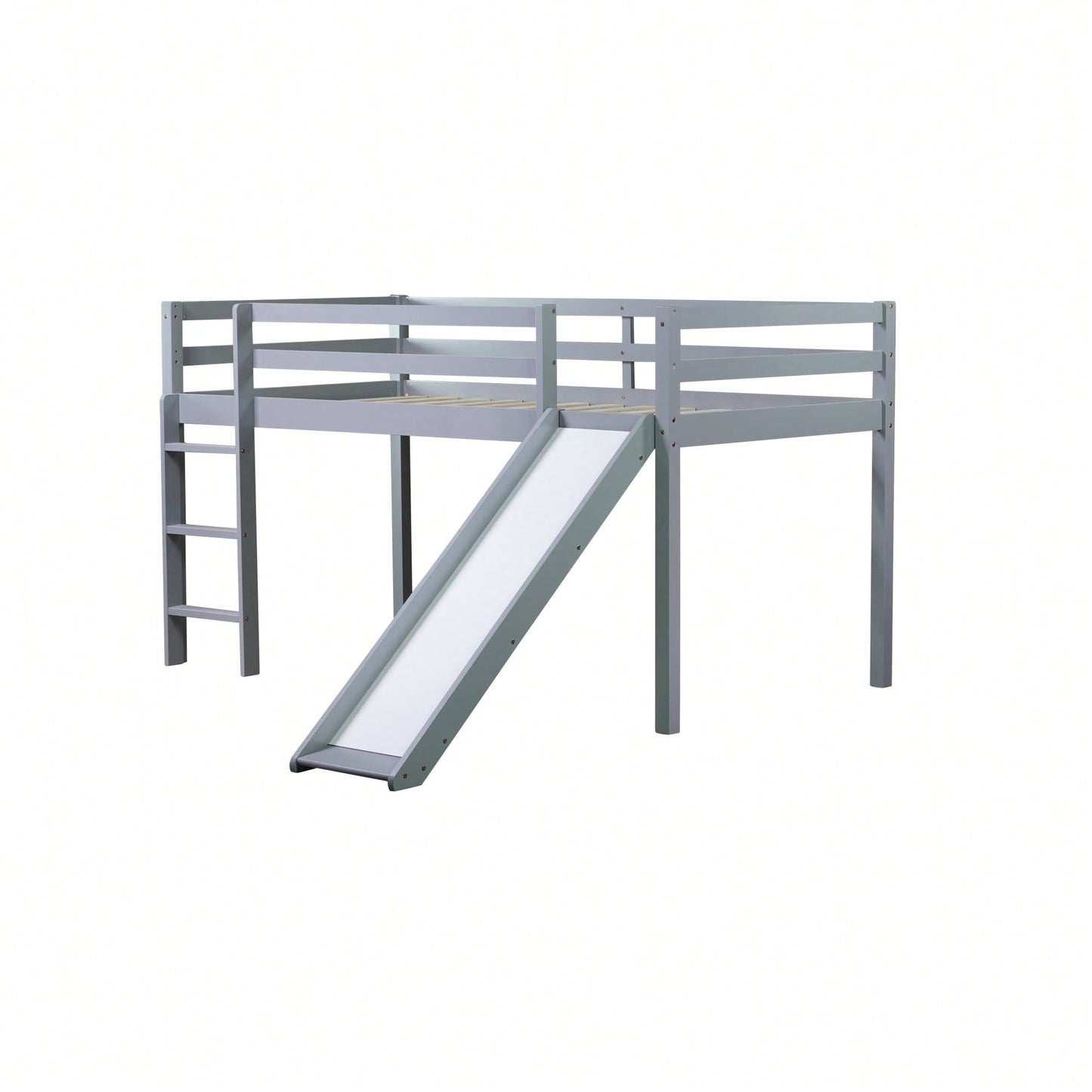 Twin Low Loft Bed With Slide And Ladder, Safety Guardrails, Rubber Wood Construction Grey