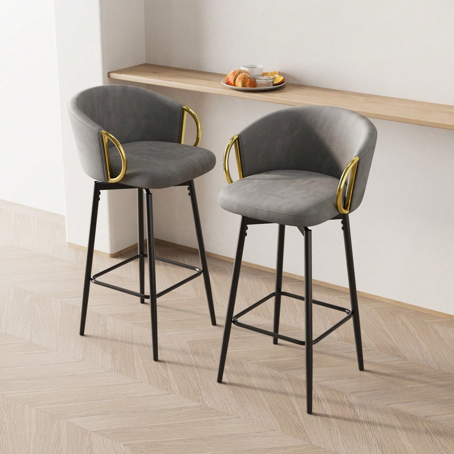 Modern Set Of 2 Stylish Grey Bar Chairs Comfortable High Stools For Kitchen Counters And Dining Areas