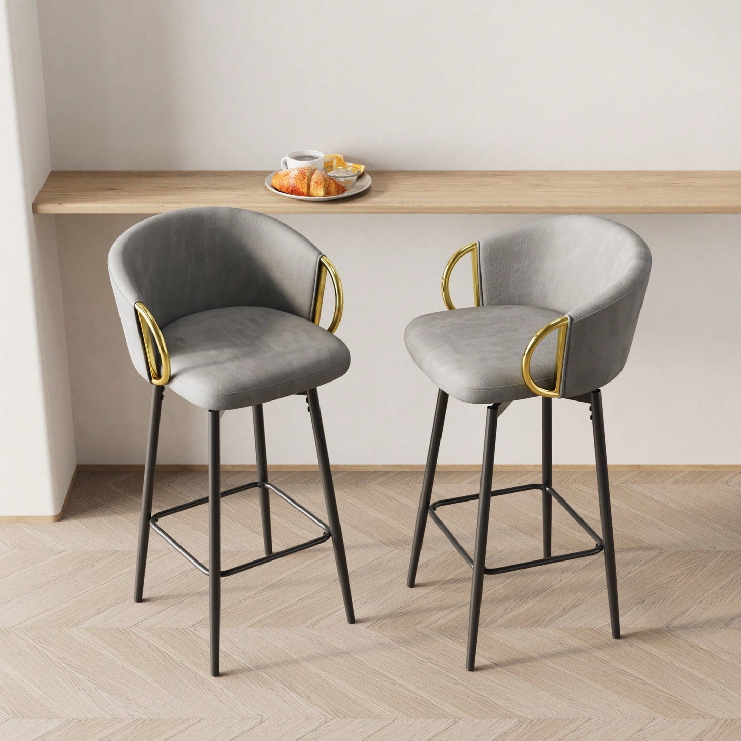 Modern Set Of 2 Stylish Grey Bar Chairs Comfortable High Stools For Kitchen Counters And Dining Areas