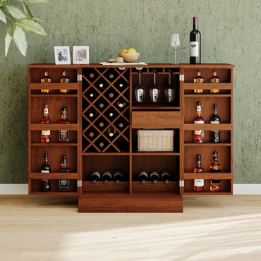 Industrial Walnut Rattan Door Fold Out Home Bar Cabinet With Storage And Table Space