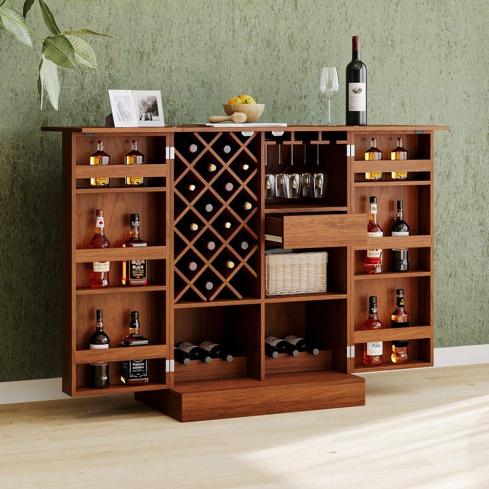 Industrial Walnut Rattan Door Fold Out Home Bar Cabinet With Storage And Table Space