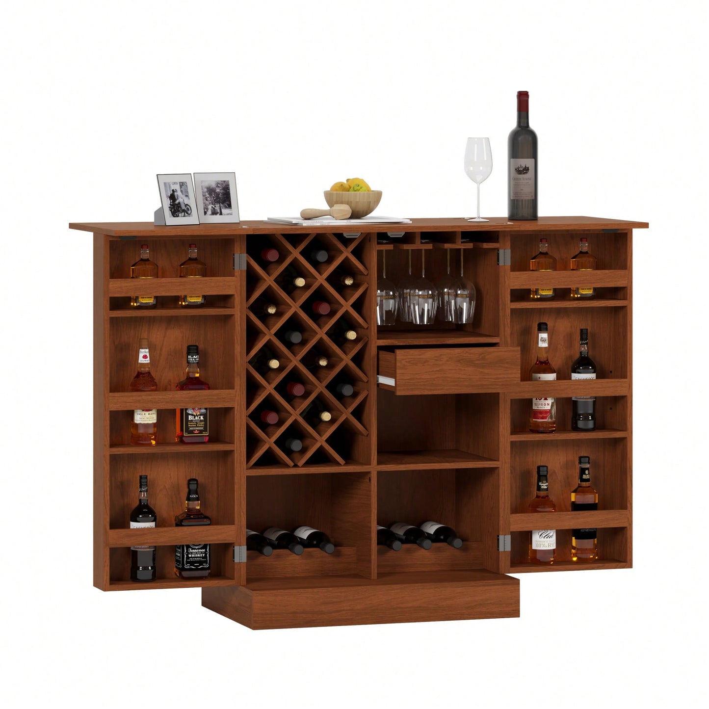 Industrial Walnut Rattan Door Fold Out Home Bar Cabinet With Storage And Table Space