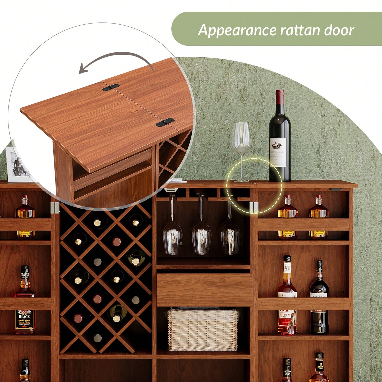 Industrial Walnut Rattan Door Fold Out Home Bar Cabinet With Storage And Table Space