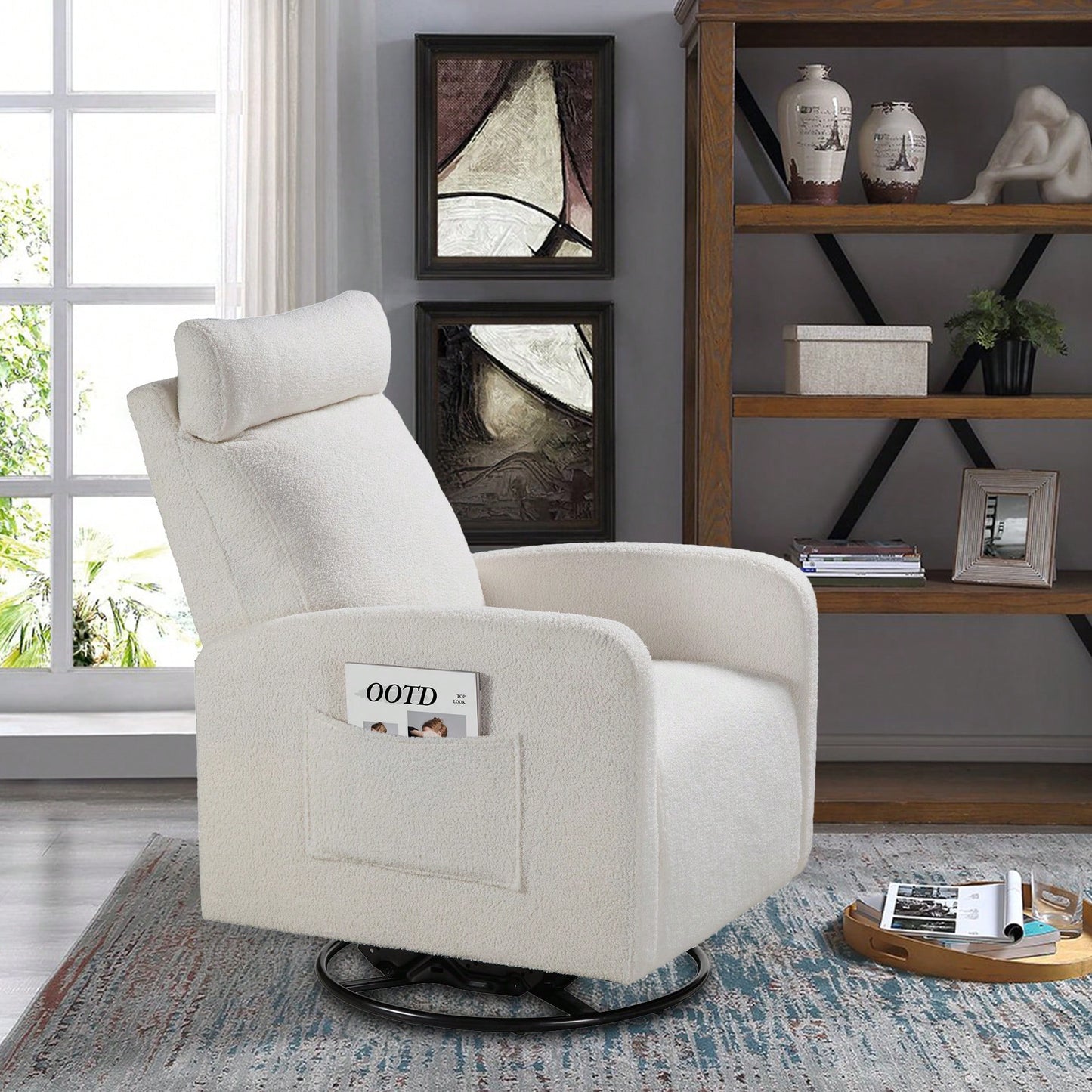 Upholstered Manual Recliner Chair 360 Degree Glider Rocker For Living Room And Nursery Beige