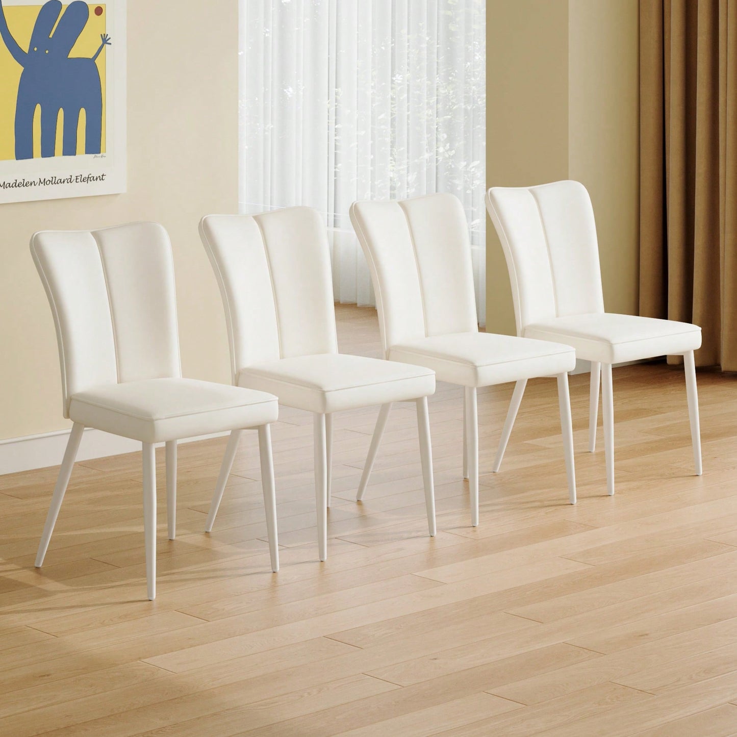 Modern Minimalist White PU Leather Dining Chairs Set Of Four With Curved Back And Metal Legs For Dining Room Bedroom Living Room