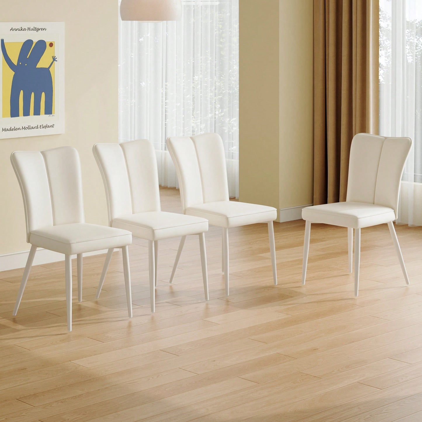 Modern Minimalist White PU Leather Dining Chairs Set Of Four With Curved Back And Metal Legs For Dining Room Bedroom Living Room