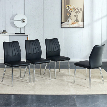 Set Of 4 Modern Black Dining Chairs With PU Cushion And Silver Metal Legs For Restaurants And Living Rooms