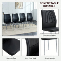 Set Of 4 Modern Black Dining Chairs With PU Cushion And Silver Metal Legs For Restaurants And Living Rooms