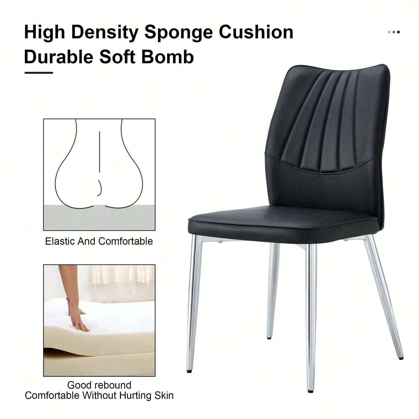 Set Of 4 Modern Black Dining Chairs With PU Cushion And Silver Metal Legs For Restaurants And Living Rooms