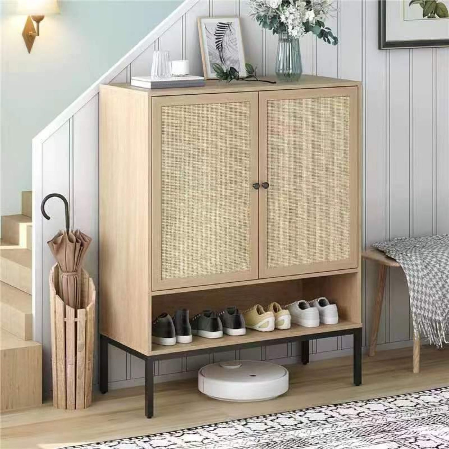 Natural Wood 5 Tier Shoe Storage Cabinet With Adjustable Shelves And Doors For Entryway Organization