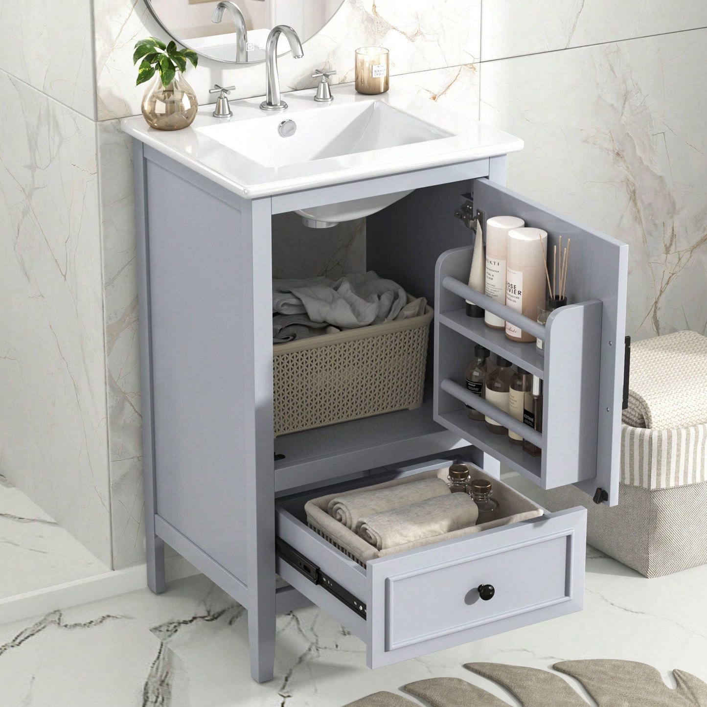 Compact 20 Inch Bathroom Vanity With Sink And Storage Cabinet, Adjustable Foot Pads, Drawer And Door Shelf In Grey