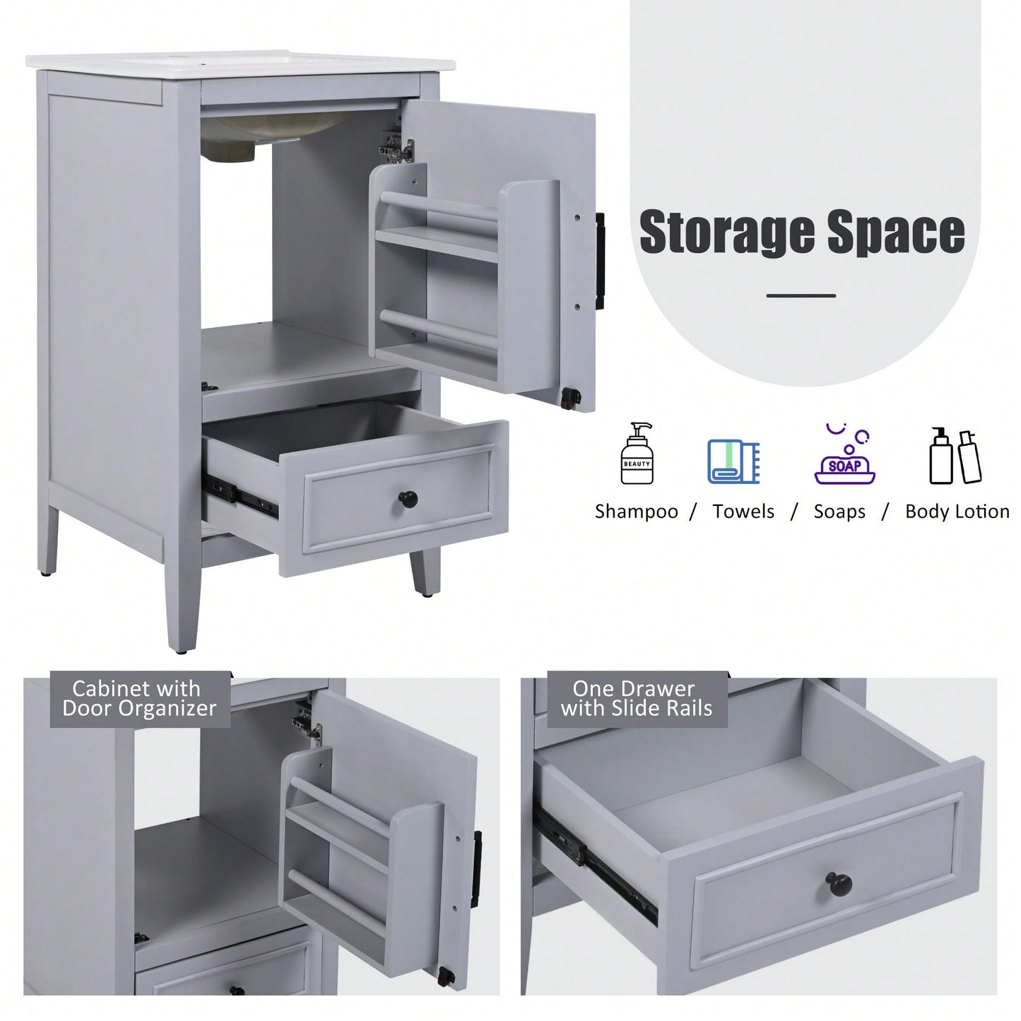 Compact 20 Inch Bathroom Vanity With Sink And Storage Cabinet, Adjustable Foot Pads, Drawer And Door Shelf In Grey