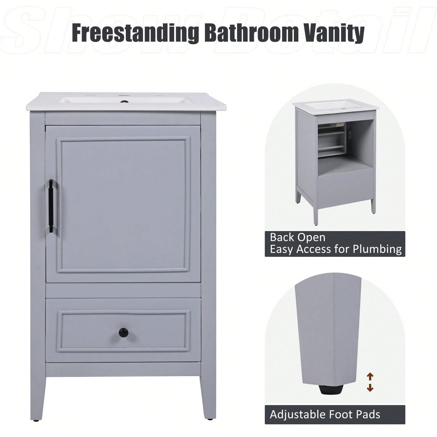 Compact 20 Inch Bathroom Vanity With Sink And Storage Cabinet, Adjustable Foot Pads, Drawer And Door Shelf In Grey