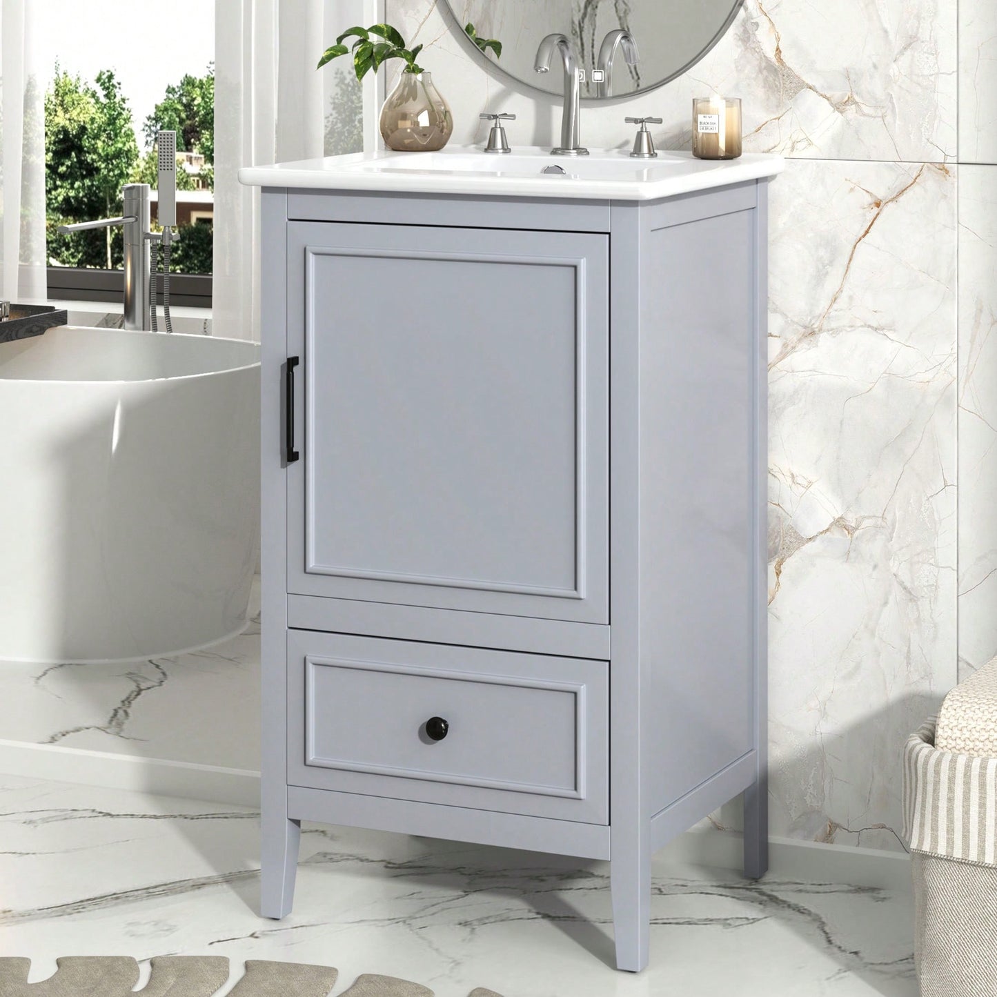 Compact 20 Inch Bathroom Vanity With Sink And Storage Cabinet, Adjustable Foot Pads, Drawer And Door Shelf In Grey