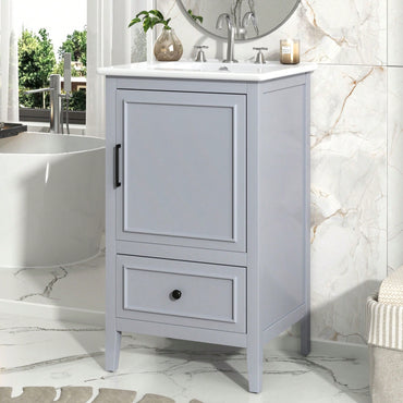 Compact 20 Inch Bathroom Vanity With Sink And Storage Cabinet, Adjustable Foot Pads, Drawer And Door Shelf In Grey