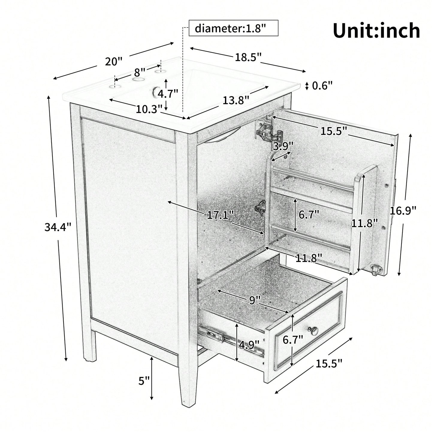 Compact 20 Inch Bathroom Vanity With Sink And Storage Cabinet, Adjustable Foot Pads, Drawer And Door Shelf In Grey