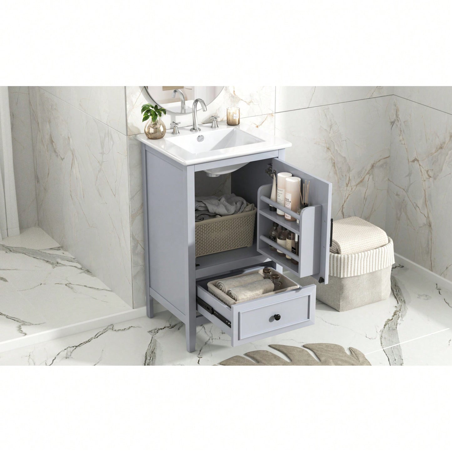 Compact 20 Inch Bathroom Vanity With Sink And Storage Cabinet, Adjustable Foot Pads, Drawer And Door Shelf In Grey