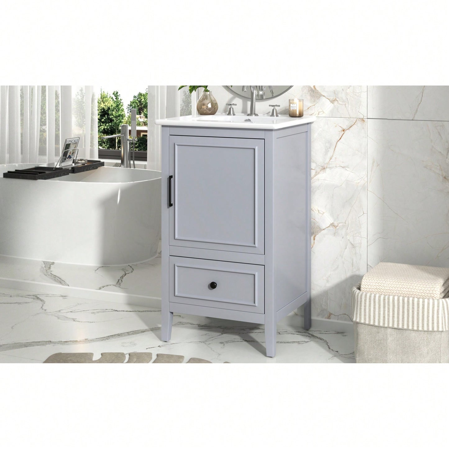 Compact 20 Inch Bathroom Vanity With Sink And Storage Cabinet, Adjustable Foot Pads, Drawer And Door Shelf In Grey