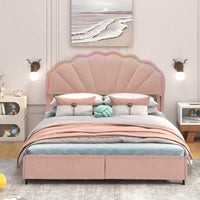 Full Size Upholstered Pink LED Bed Frame With Storage Drawers And Stylish Petal Headboard For Girls